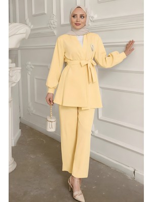 İmaj Butik Sarı Yaka Bronş Detaylı  Tunik Pantolonlu Takım