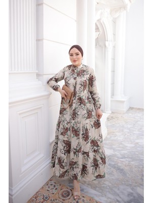İmaj Butik Kahverengi Yarım Düğmeli Kol Lastikli Eteği Katlı Elbise