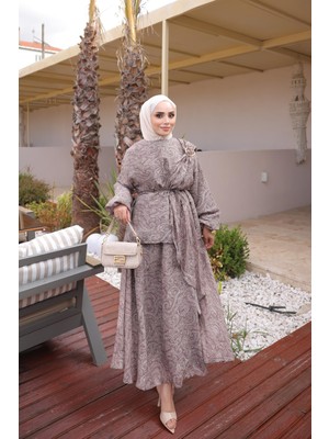 İmaj Butik Vizon Desenli Şal Detaylı Etekli Takım