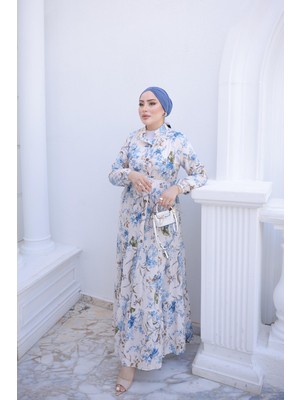 İmaj Butik Mavi Yarım Düğmeli Kol Lastikli Eteği Katlı Elbise