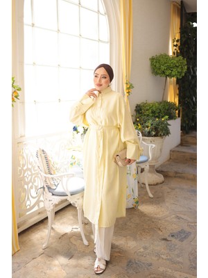 İmaj Butik Sarı Bel Kuşaklı Cepli Oversize Tunik