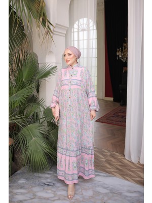 İmaj Butik Pudra Yarım Düğmeli Kol Lastikli Eteği Katlı Viskon Elbise
