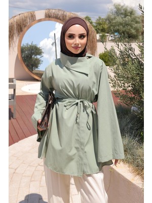 İmaj Butik Çağla Bel Bağlamalı Yan Patlı Gömlek