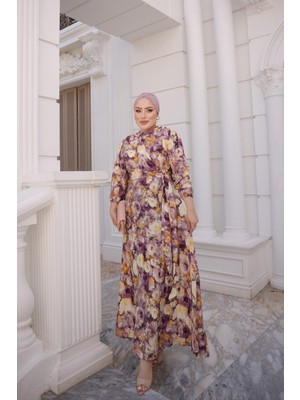 İmaj Butik Mor Kol Lastikli Toka Detaylı Elbise