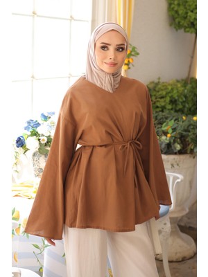 İmaj Butik Taba V Yaka Geniş Kol Keten Tunik
