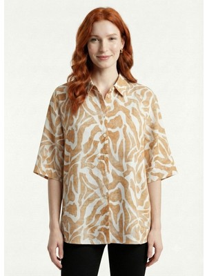 Neden Tekstil Kadın Bej Desenli Oversize Gömlek