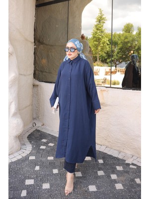 İmaj Butik Lacivert Yarasa Kol Müslin Uzun Tunik