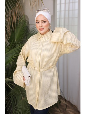 İmaj Butik Sarı Bel Bağlamalı Çizgili Salaş Gömlek