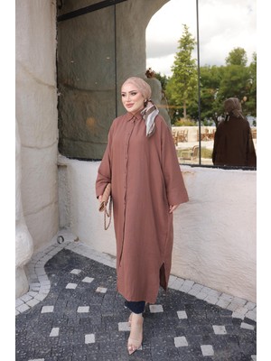 İmaj Butik Taba Yarasa Kol Müslin Uzun Tunik