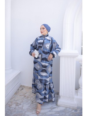 İmaj Butik Indigo Yarım Düğmeli Kol Lastikli Eteği Katlı Viskon Elbise