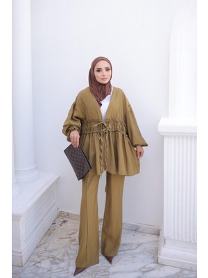 İmaj Butik Yağ Yeşili Bel Büzgülü Bağlamalı Pantolonlu Takım