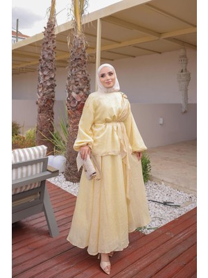 İmaj Butik Sarı Desenli Şal Detaylı Etekli Takım