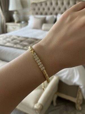 Xuping Jewelry Kadın 14K Altın Kaplama Çizgili Kordon Zirkon Taşlı Kordon Kelepçe Bileklik