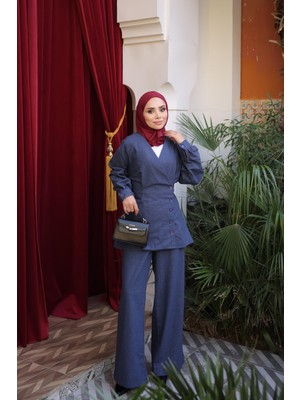 İmaj Butik Lacivert Bel Bağlamalı Kimona Pantolonlu Keten Takım