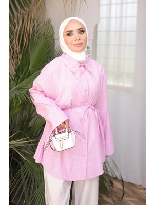İmaj Butik Pembe Bel Bağlamalı Çizgili Gömlek