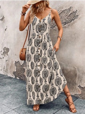 Lune Store Kadın Ip Askılı V Yakalı Önden Düğmeli Desenli Uzun Süprem Elbise