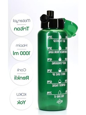 Hakay 1000 ml Yeşil Su Matarası, Motivasyonel Spor Tasarım