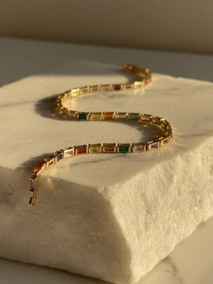 Xuping Jewelry Kadın Gökkuşağı Rainbow Baget Kesim Zirkon Taşlı Lüks Künye Bileklik