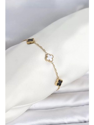 Aydogan's Ayd 316L Çelik Gold Renk Siyah Beyaz Baby Yonca Model Kadın Bileklik TJ-BB8557