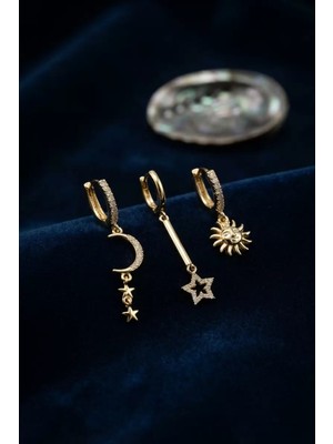 Aydogan's Ayd 3 Lü Set Ay Yıldız ve Güneş Model Gold Renk Kadın Küpe TJ-BKP11958