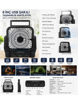 Aydogan's Ayd 8 Inç Solar Kamp Vantilatörü Fm Radyolu Bluetooth Hoparlörlü LED Işıklı PD950