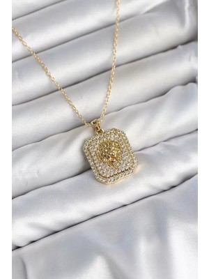 Aydogan's Ayd 316L Çelik Zincir Gold Aslan Madalyon Model Zirkon Taşlı Kadın Kolye TJ-BKO11139