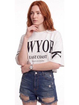 Cemo Kadın New York Baskılı Oversize Crop Tişört