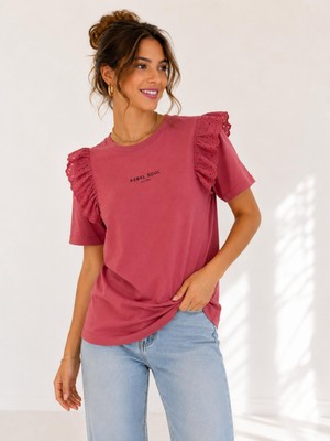 Yonca Outlet Kadın Fisto Omuz Detaylı Basic Oversize Tişört Bisiklet Yaka Kısa Kollu Pamuklu Günlük T-Shirt