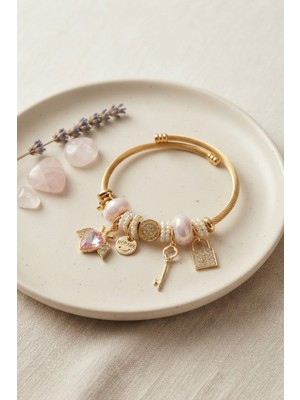 ALK Pembe Kalp Model Gold Renk Charmlı Bileklik