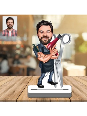 Empressco Bay Kuaför Berber Karikatürlü 3D Ahşap Biblo - Fotoğraftan Çizim Erkek Saç Tasarımcısı Hediyesi - Se