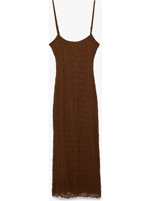 Koton Slim Fit U Yaka Askılı Uzun Dantel Elbise