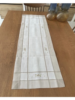 Marys Concept Zarif Çiçek Işlemeli Masa Runnerı (40X110 Cm) Vizon Çiçek Işlemeli
