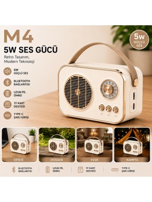 Kawigo M4 Retro Bluetooth Hoparlör 5W Kablosuz Taşınabilir Hoparlör Type-C Şarjlı Tf Kart Destekli Nostaljik Radyo Tasarım Ev, Ofis, Kamp Için Mini Bluetooth Hoparlör