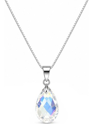 Brezza Lusso Jewelry 925 Ayar Swarovski Taşlı Damla 16MM Crystal Ab Kadın Gümüş Kolye