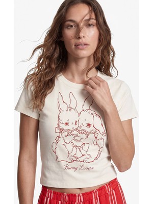 Koton Sibil Çetinkaya - Slim Fit Kısa Kollu Bisiklet Yaka Tavşan Baskılı Crop Tişört