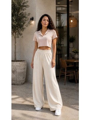 Ly Leyo Tekstil Kadın Beli Lastikli Geniş Paça Cepsiz Pantolon