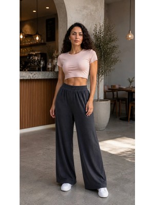 Ly Leyo Tekstil Kadın Beli Lastikli Geniş Paça Cepsiz Pantolon
