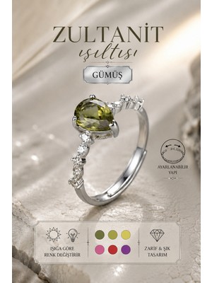Yudi Atelier 925 Ayar Gümüş Zultanit Işıltılı Renk Değiştiren Yüzük - Ayarlanabilir Damla Kesim - Anneye Sevgiliye Hediye