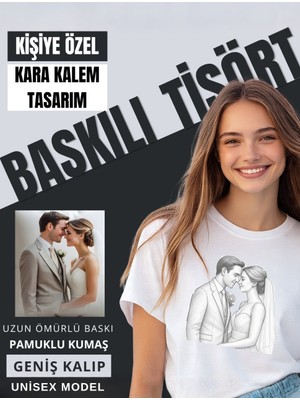 spldizayn Kişiye Özel Karakalem Resim Baskılı Tişört Beyaz Unisex Model