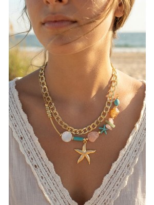 Elektronikçim Deniz Yıldızı Figürlü Doğal Taş Detaylı Gold Renk Bohem Kadın Kolye