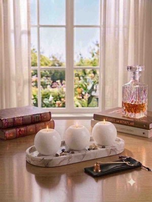 Luniva Home Dekoratif ​mermer Desenli Oval Tepsi ve 3'lü Yuvarlak Top Mumluk Seti, Ev , Ofis ve Hediyelik Dekor Objeleri