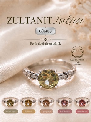 Yudi Atelier Zultanit Işıltılı Renk Değiştiren 925 Ayar Gümüş Yüzük - Ayarlanabilir Pırlanta Kesim Premium Tasarım - Anneye Sevgiliye Hediye Yüzük