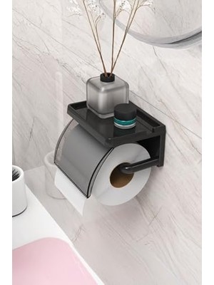 Esranın Dünyası Yapışkanlı Kapaklı Tuvalet Kağıdı Askısı Banyo Tuvalet Kağıtlığı Aparatı Peçetelik Organizer Plastik, Siyah