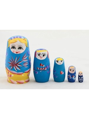 Empressco Ahşap Matruşka Mavi Dekoratif Biblo 5'li Set
