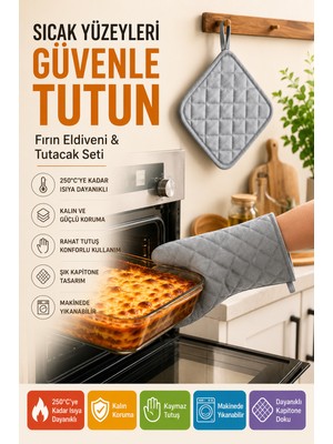 Open City Gri Fırın Eldiveni ve Tutacak Seti Isıya Dayanıklı Kapitone Mutfak Eldiveni Fırın Tutacağı Gri Renk.