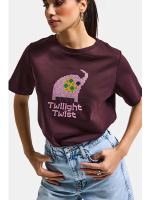 It's Basic Kadın Kahve Bordo Renk W5 Nakış Detaylı Oversize Tasarım T-Shirt
