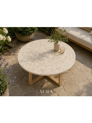 Aura Design Studio Aura El Yapımı Taş Mozaik Desenli Yuvarlak Bahçe Sehpası