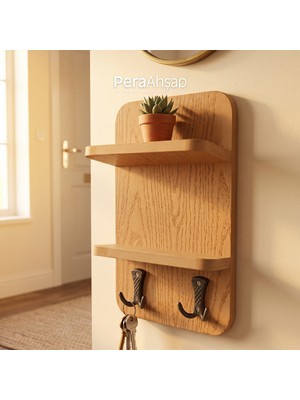 Pera Wooden Ledge 2 Raflı 2 Kancalı Duvar Askılığı Anahtarlık Organizer