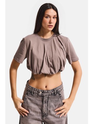 It's Basic Kadın Açık Antrasit S6-16 Crop Balon Fit T-Shirt