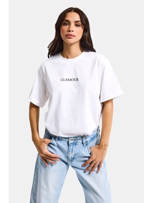 It's Basic Kadın Beyaz S6-127 Oversize Glamour Baskılı %100 Koton T-Shirt